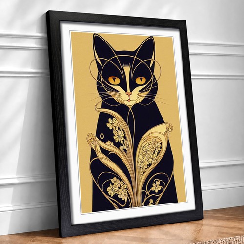 Cat art deco framed wall - cat,