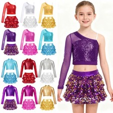 Kids Girls Sequins Samba Latin Jazz Dance Costume Crop Top with Skirted Shorts