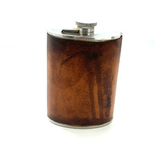 Vintage Hip Flask Silver Brown leather bound Made in England 8OZ 1950s