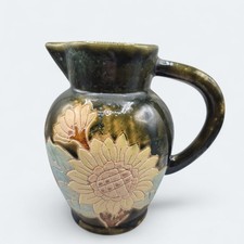 Antique Art Pottery Jug 'Alexander Lauder Barum Style', Green Glaze Sunflowers