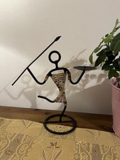 Vintage Black Wrought Iron & Rattan Candle Holder – Tribal /African Stick Figure