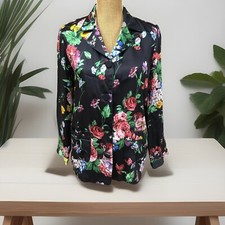ZARA Satin Blazer Top Jacket Black Multi Floral Pyjama Style Long Sleeve Sz10 Xs