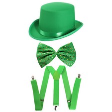 MENS LEPRECHAUN COSTUME IRISH TOP HAT, BRACES JUMBO BOW TIE IRELAND FANCY DRESS