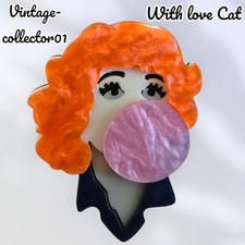 Modern Arcrylic Handmade BROOCH 3D Pretty Redhead Lady Girl Bubble gum Boxed BN 