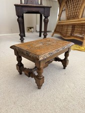 Antique French Carved Oak Wood Foot Stool with Barley Twist Legs, Small Vintage 