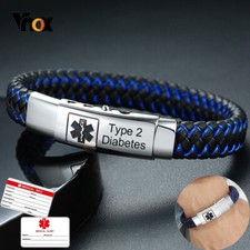 Free Engraved Medical Alert ID Bracelets Men Braided Leather Bangle Wristband