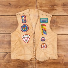 Vintage Suede Leather Vest Small 70s Native American Summer Camp Tan Waistcoat