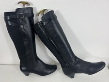 Clarks Black Leather Elastic Cuff & Panel Zipper  Kitten Heel Knee High Boots 6