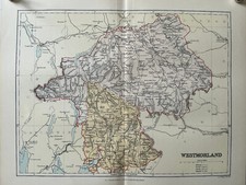WESTMORLAND, 1897 Original Antique County Map, England Kendal Appleby Shap Fells
