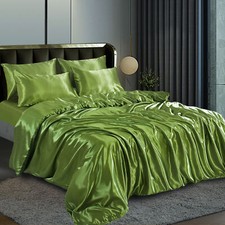 6 PCS SATIN SILK BEDDING SET DUVET COVER FITTED SHEET & 4 PILLOW CASES-All SIZES