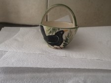 Studio Pottery basket Spongeware Decorated Hungry Blackbird Searching Leaves Vgc