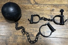 Vintage Iron Restraints Set Includes Handcuffs and  Metal Ball & Chain c/w Key