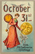 1910 Moon Headed  Man Goblin Bat Lady & Clock Halloween post card Gottschalk