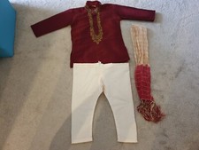 Dark Red and Cream Boys Sherwani Set (Kurta/Leggings/Dupatta) - 12-18 months