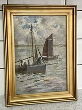 EARLY 20th CENTURY GOLD FRAMED OIL PAINTING OF FISHING BOATS by WARING CAVENAGH