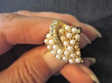 ELEGANT GOLD TONE FAUX PEARLS & DIAMANTE SPARKLE LEAF SHAPED DRESS RING SX L