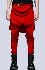 Red Punk Bondage Trousers Pants drop crotch bum bag Clip Long Cyber