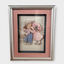 Vintage 80s 3D Paper Art Framed Children Girl Boy Pink Silver Blue Cottage Wall