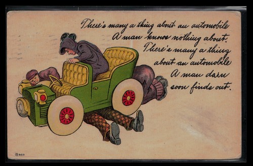 Broken car postcard man fixing - postcard,