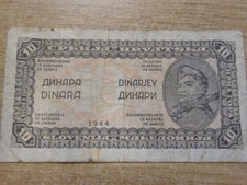 A 1944 WWII Yugoslavia 10 Dinara  Banknote, Used folds and marks