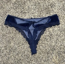 VICTORIA'S SECRET VERY SEXY Open Back Thong Navy Blue Velvet Strappy LG