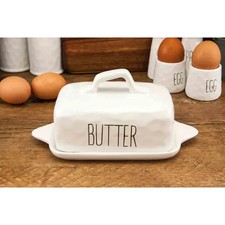Ceramic White Dimples Butter Dish Embossed BUTTER, handle on top and bottom tray