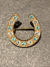 Vintage Horse Shoe Brooch Pin With Blue Stones And Diamantés