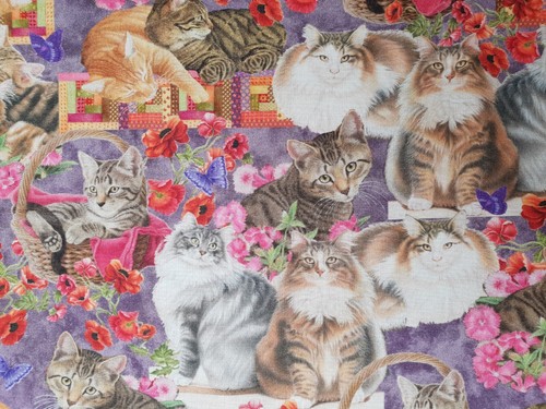 Cat and flowers fabric - , fat