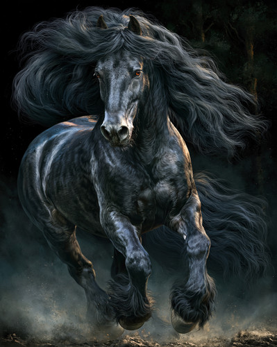 Black friesian horse charging - horse,