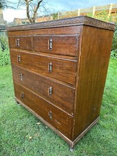 Large Art Deco Antique Pine Chest Of Drawers With Carvings.