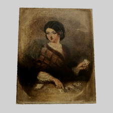 Antique oil painting on canvas "Young Woman Playing Cards"