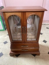 Vtg wooden Jewelry Music box armoire W/ Etched Glass Doors &Drawer 