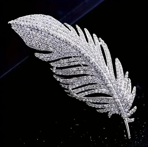 Silver crystal feather brooch - feather,