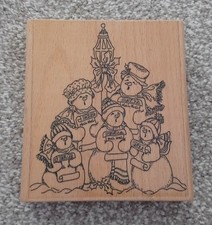 Wooden Rubber Stamp - Christmas Carol Singing Snowmen - Large Stamp