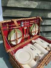 Vintage picnic basket &  wicker 4 Place Settings “Coracle” Art Deco Era C1930s 
