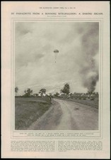 1916 - Antique Print MILITARY Parachute Kite-Balloon Belgium Escape Flames (137)