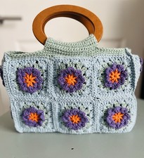 Handmade Hand Crochet Versatile Cotton Hand Bag With Wooden Handle