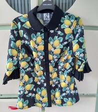 HELL BUNNY SIZE S 10 LEMONS FRILL SLEEVE BLOUSE / TOP VINTAGE 1950s ROCKABILLY 