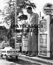 1950's CUTE KID IN PEDAL CAR-MOBIL GAS STATION GLOBE PUMP OIL POSTER AUTOMOBILIA