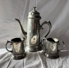 Best English Pewter Teapot Milk Jug Creamer & Open Sugar Bowl Hand Beaten