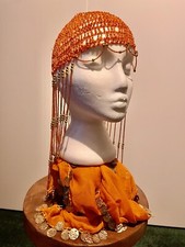 Flapper  Belly Dance Headress and Coin Hip Wrap From Egypt Orange 