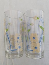 Glasses Set 2 Highball Heavy Base Vintage Lemonade Cup 70s Yellow Blue Flowers