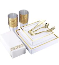 GOLD Square Dishes Dinner and Dessert Plates Cups Cutlery for 25, 175 Pieces