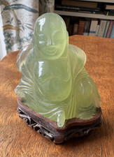 19th C Jadeite Jade Carved Seated Buddha,  3” by 3” , carved wooden base