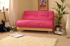 Double Wooden Futon Sofa Bed with Pink Mattress | Tufted, Sturdy Frame