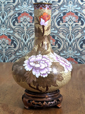 Antique Chinese Qing 20th Century Cloisonne Enamel Vase & Carved Hardwood Stand