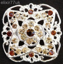 SILVER FLOWER BOUQUET BROOCH BROWN / AMBER DIAMANTE CRYSTAL WEDDING PARTY BROACH