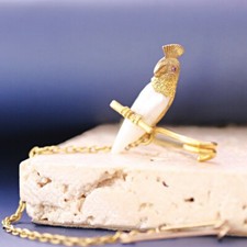 15ct Yellow Gold Parrot Brooch with Mother of Pearl and Ruby Eye