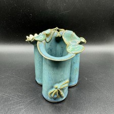 Studio Pottery Triple Bud Vase Flowers Lily Pad Dragonfly Applied Relief Ceramic