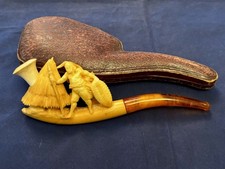 MEERSCHAUM PIPE, AFRICAN WARRIOR,SHIELD,SPEAR,GRASS ROOFERD HUT, AMBER, CASED
